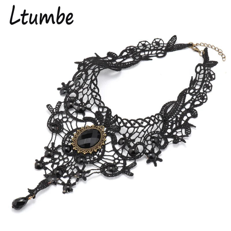 Ltumbe Ethnic Sexy Hollow Black Lace Statement Bib Necklaces