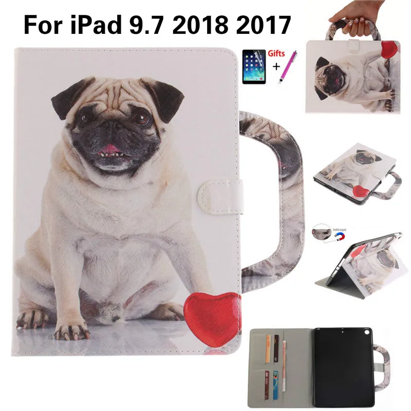 

For Apple IPad 9.7 2017 2018 6th Generation Case Cat Dog Tiger Painted Stand Funda Cpver for Model A1822 A1823 A1893 A1954 +Gift