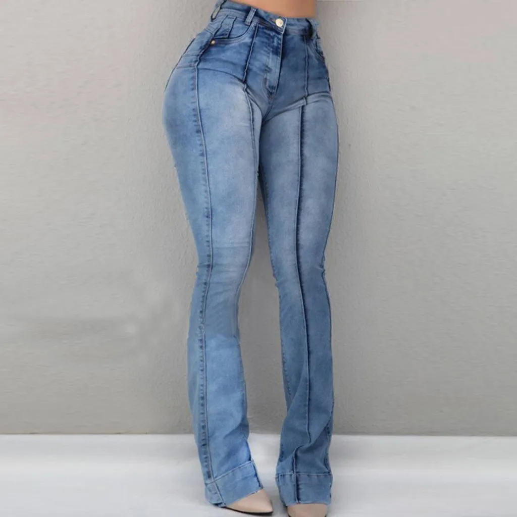 

Women Plus Size Dames Jeans Broeken Jeans Taille Haute 2019 Women's High Waist Pocket Wide Leg Jeans Flared Skinny Trousers Z4