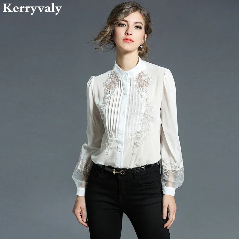 

Spring White Chiffon Embroidery Shirt Woman Tops Blusas Mujer De Moda 2019 Long Sleeved Chiffon Blouse Chemisier Femme K3055