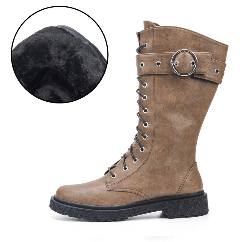 Ta Jiang Fashion Warm Plush Winter Women Mid-Calf Boots For Women Shoes Autumn Zip Motorcycle Boots with Buckle Shoes Woman - Цвет: Brown Plush - Winter