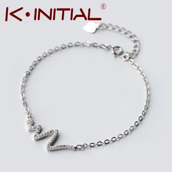 Kinitial 1Pcs 925 Silver Pave Wave Heart Bracelet Heartbeat Pendant Bangle Lightning Heartbeat Bracelets for Women wholesale