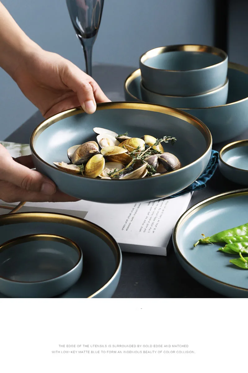 KINGLANG 2 или 4 или 6 человек набор тарелок с золотым краем керамический набор посуды синий золотой керамический набор посуды