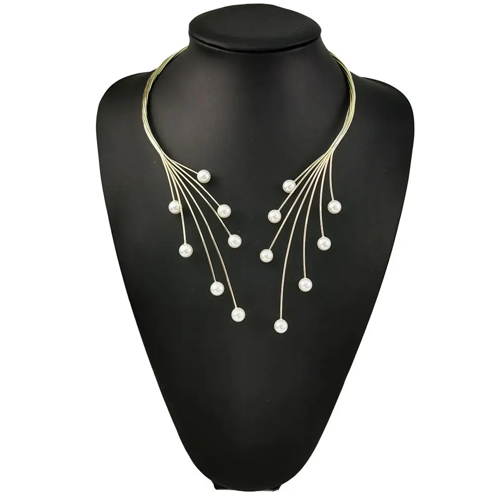 Handmade Copper Weave Torques Necklaces Women Imitation Pearl Statement Choker Necklaces Charm Wedding Party Jewelry metal choker necklace