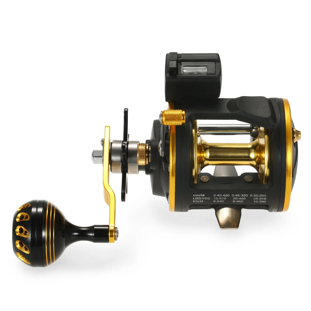 

6+1 Ball Bearing Fishing Trolling Reel with Line Counter Alarm Bell Drum Reel Metal Handle Fish Vessel Plate Bait Casting Wheel