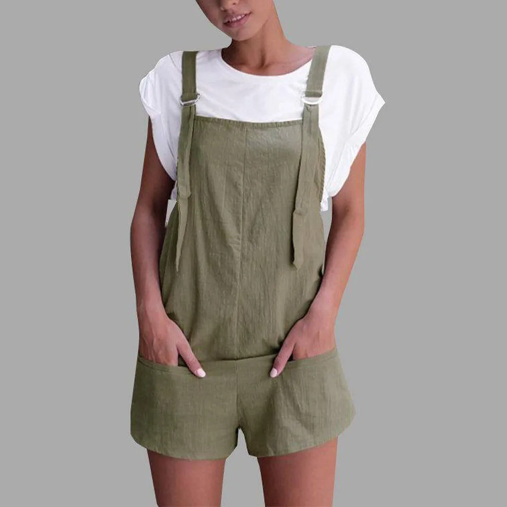 

2019 women romper Elastic Waist Dungarees Linen Cotton Pockets Rompers Playsuit Shorts Pants combi pantalon femme#BY35