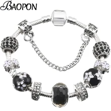 BAOPON модный посеребренный черный кристалл и стеклянные бусины женский браслет с шармами Тонкий браслет для мальчика и девочки на подарок