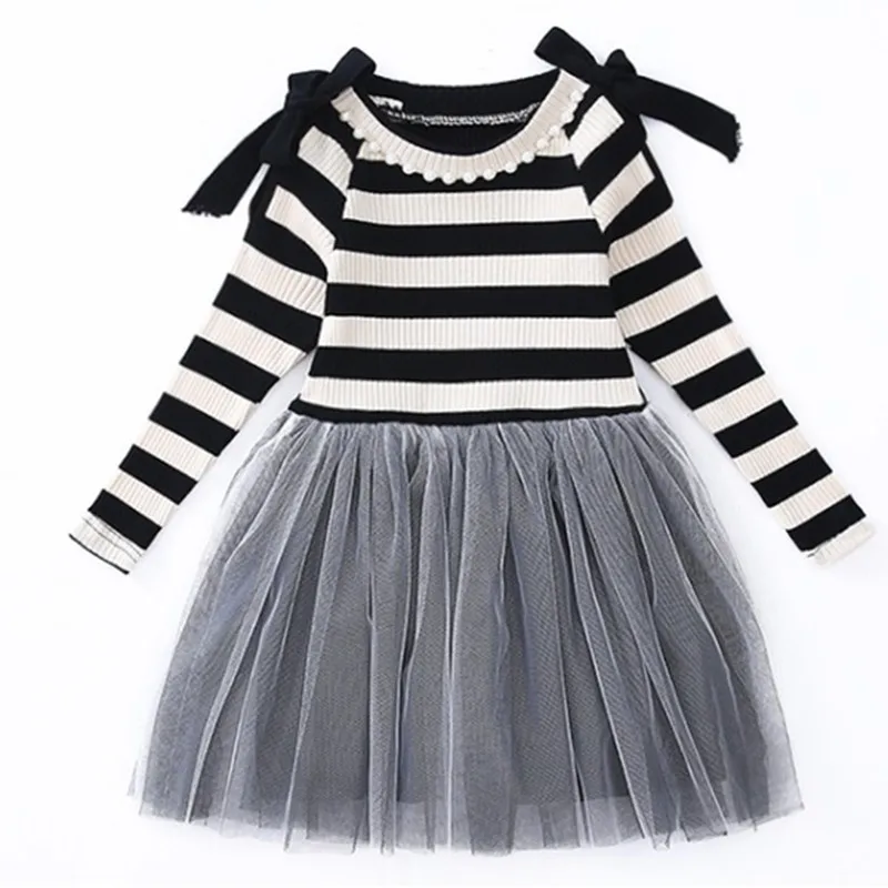 Детское платье для девочек весенняя одежда в полоску с длинными рукавами и бисером для девочек нарядное платье принцессы для девочек От 6 до 14 лет