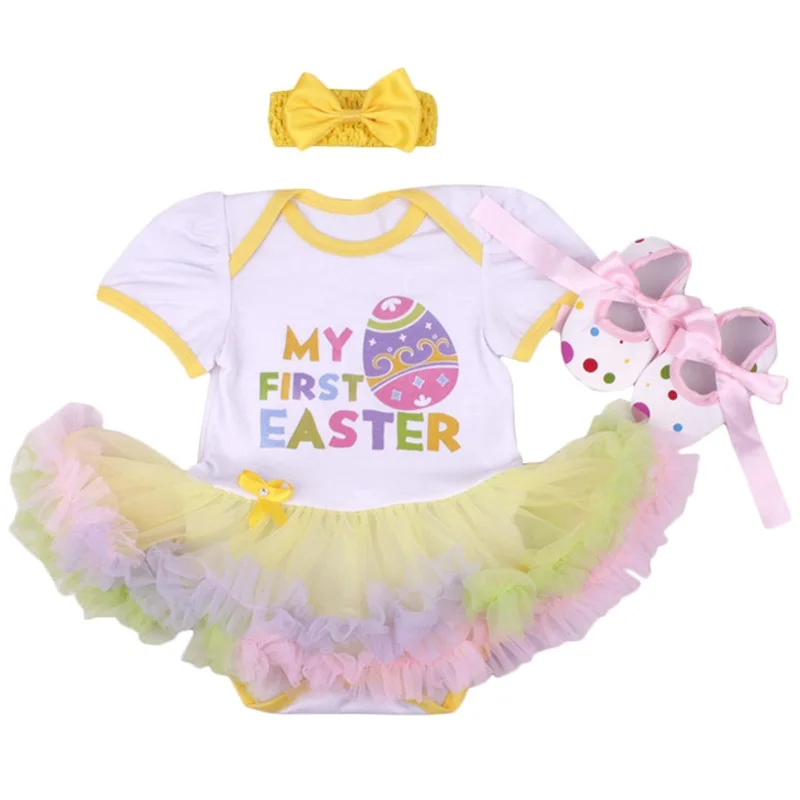 Headband Outfits Set Party Clothes 3PCS Easter Baby Girls Romper Dress Shoes