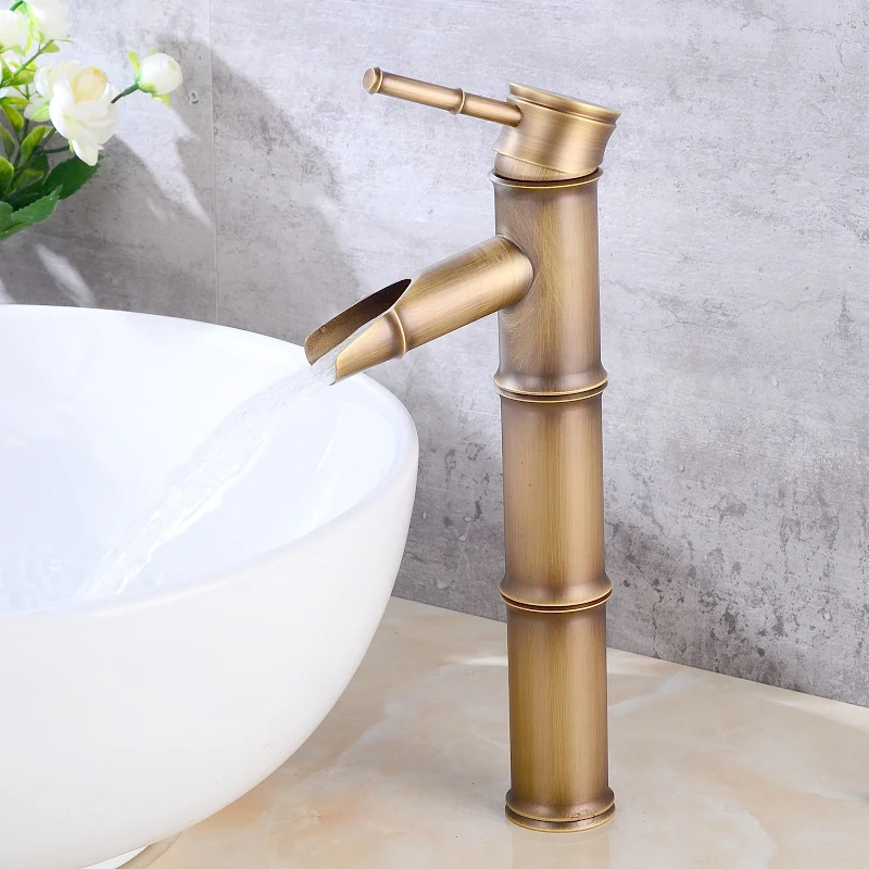 Antique Brass Bamboo Bathroom Single Hole Vessel Sink Faucet Mixer Tap Bnf239 