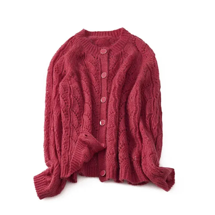 

Red/Light Green Mohair Jumper Knitted Sweater Top - O Neck Long Sleeve Hollow Out Crochet Wool Knit Cardigan