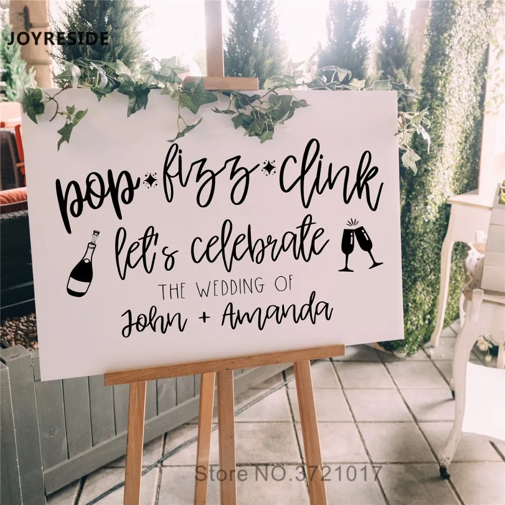 

JOYRESIDE Custom Names Rustic Decal Wedding Art Decor Decoration Vinyl Stickers Quotes Pop Fizz Clink Happy Wedding Decals W014