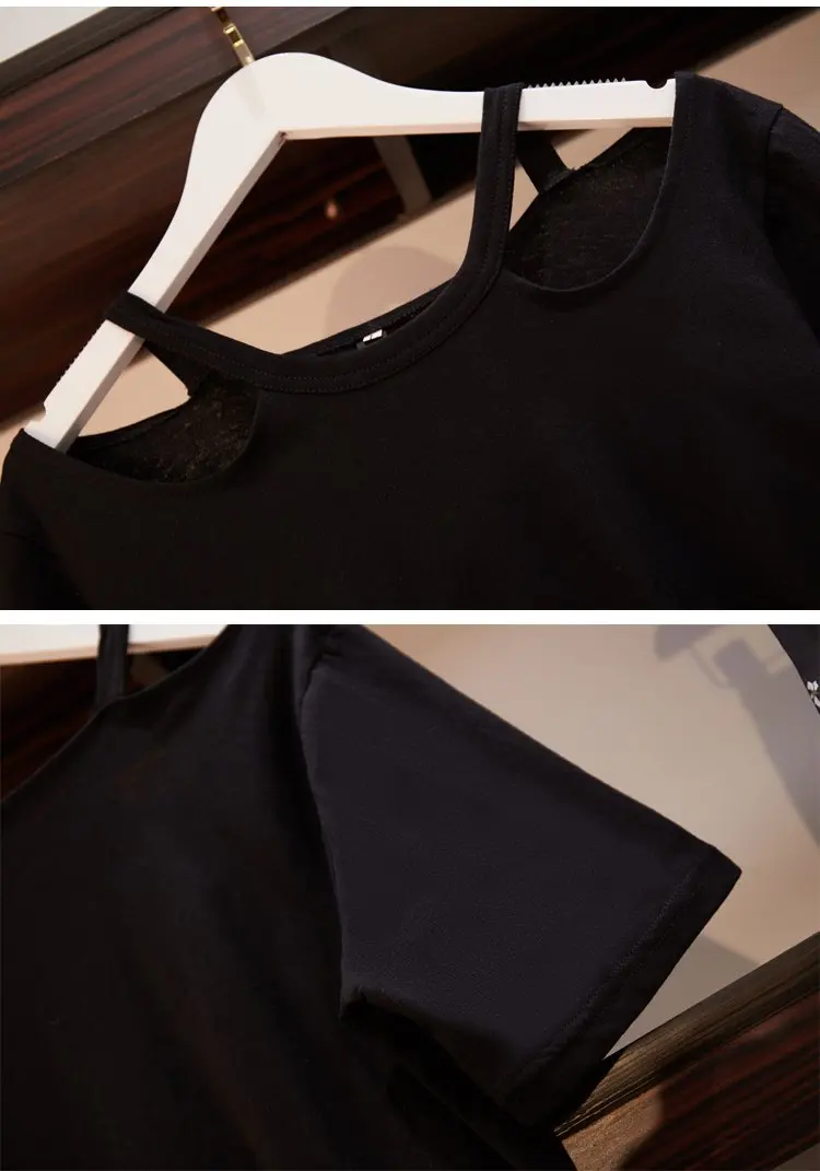 ICHOIX/корейский комплект из 2 предметов, топы и штаны, лето, Женский комплект 2 шт. одежда, черная футболка, Цветочные Широкие штаны, комплект размера плюс