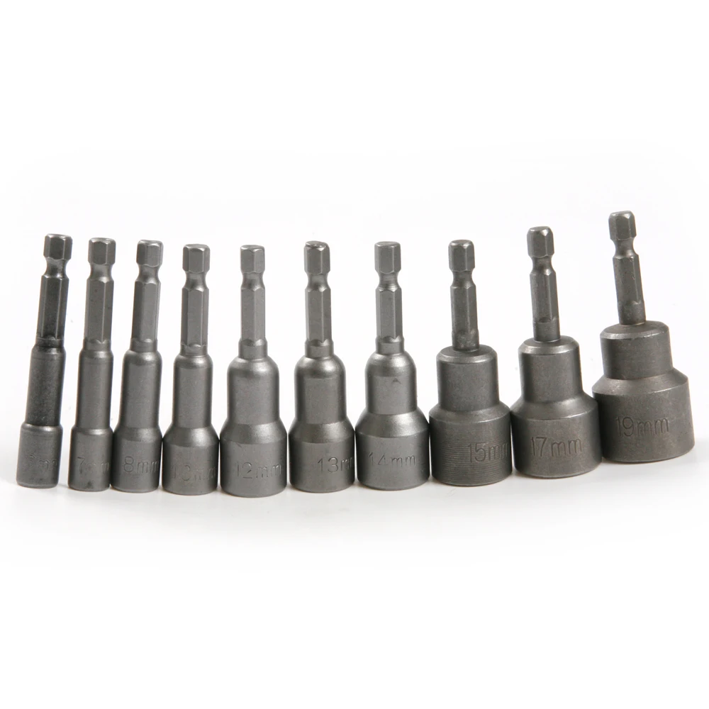 

New 10Pcs/Lot 6mm-19mm Magnetic Nut Driver Set 1/4 Hex shank Drill Bit Adapter Metric Hex Socket Sleeve Nozzles for Power Tools