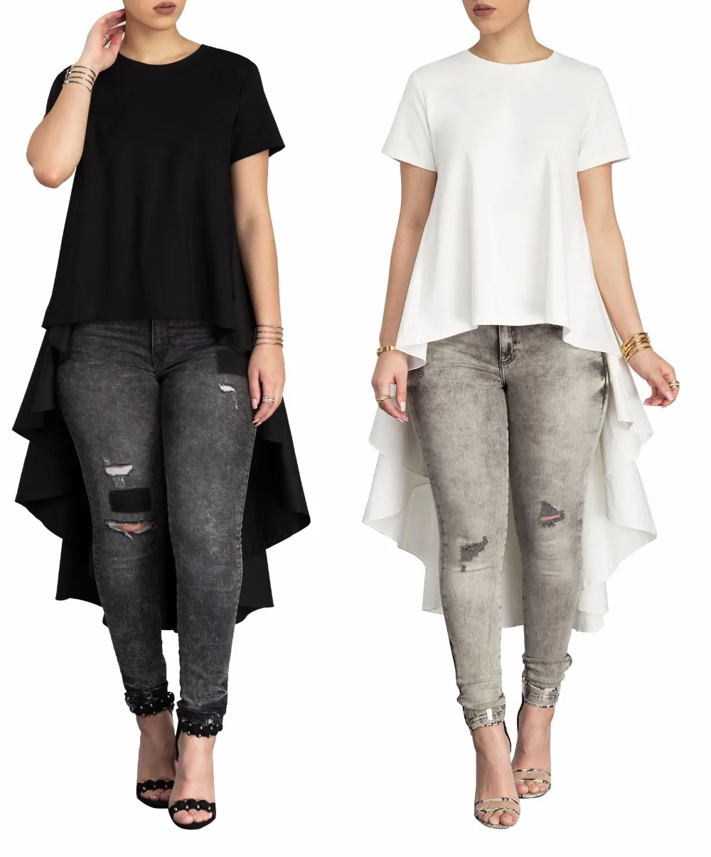 Asymmetrical High Low Hem Long Tshirt Women Casual Black White Short