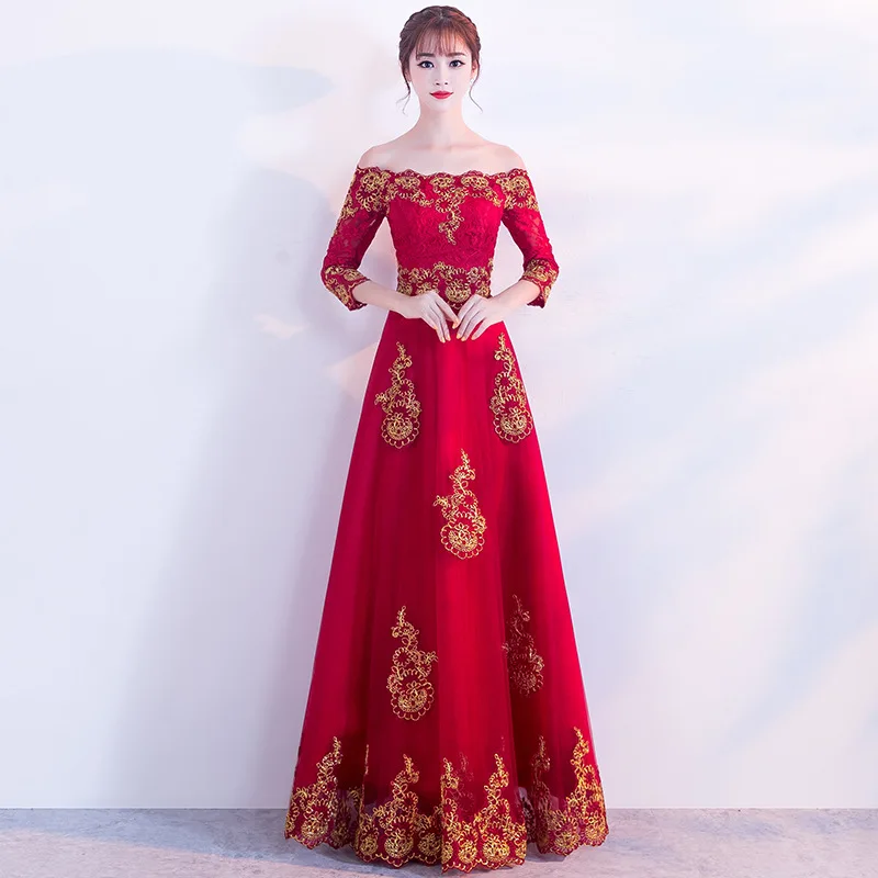 

Red Lace Embroidery Oriental Style Dresses Chinese Bride Vintage Traditional Wedding Cheongsam Dress Long Qipao Plus Size XS-3XL