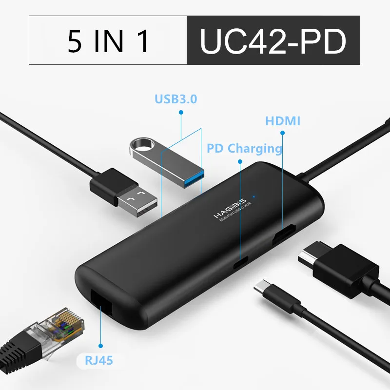 Хагбис тип-c концентратор Многофункциональный USB 3,0 концентратор USB C к HDMI/VGA/AUX/RJ45/SD/TF кард-ридер/PD зарядный адаптер для MacBook PC - Цвет: UC42-PD