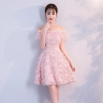 

Pink Colour Tassel Mini Dress Bridemaid Dress Women Wedding Party Dress Back of Zipper