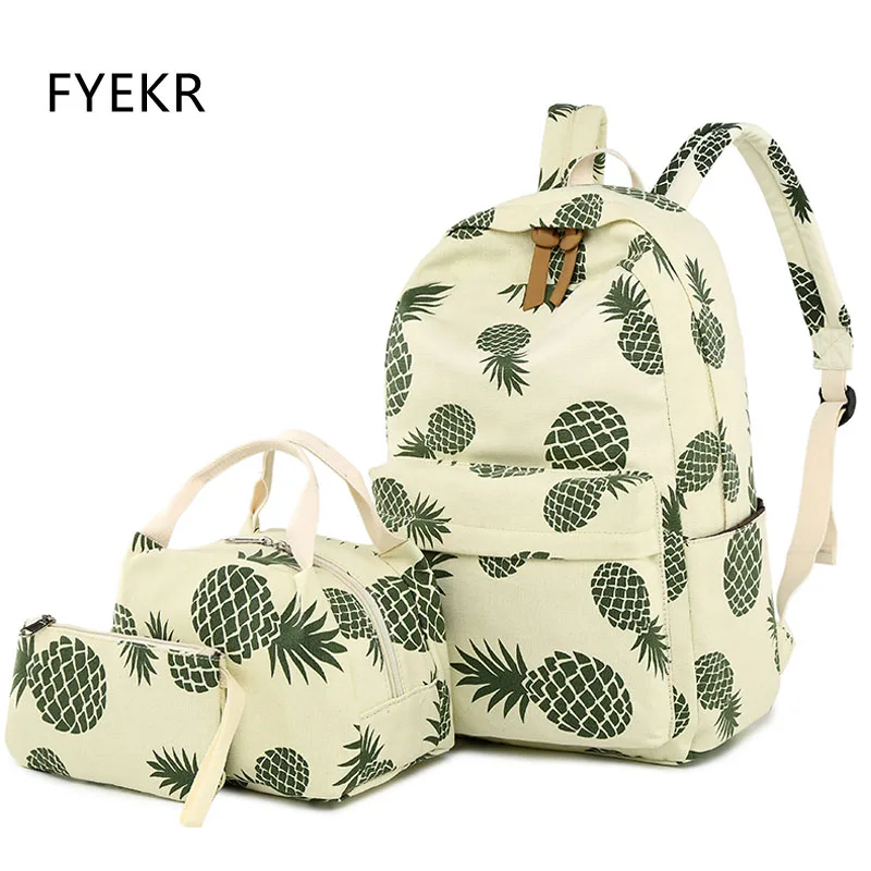 

3pcs/set Lady Backpack Canvas Fashion Pineapple Printing Bag Large Capacity Laptop School Bag For Teenage Girls Bagpack Rucksack