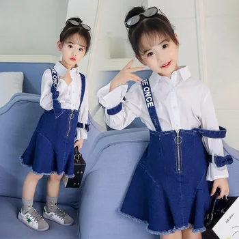 

2018 spring summer kids clothes white blouse +denim strap dress 2 pieces