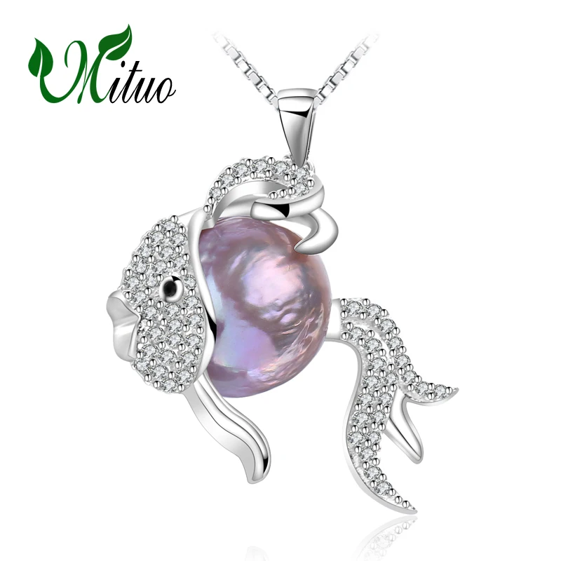 

MITUO 11-13mm big beads geometric pearl animal 925 sterling silver Pendant necklace for women,2017 Silver jewelry fish Necklace