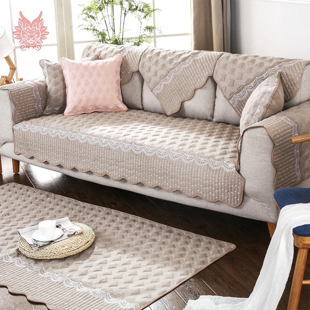 Green grey pink white plaid lace embroidery cotton quilted sofa cover slipcovers canape couch