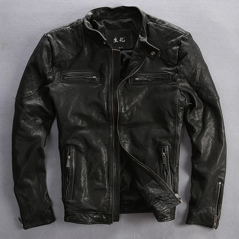 Plant tranned Goat black motorcycle leather jacket men slim fitted ...