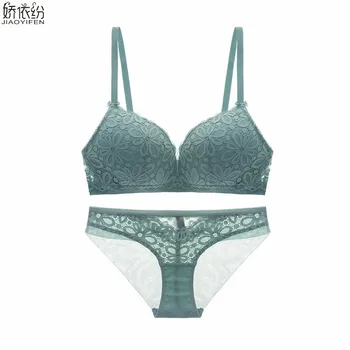 

JYF Europe New Sexy Women Underwear Gather Together Bra Set Embroidery Floral Two-row Lace Bra Brief Sets French Brand Lingerie
