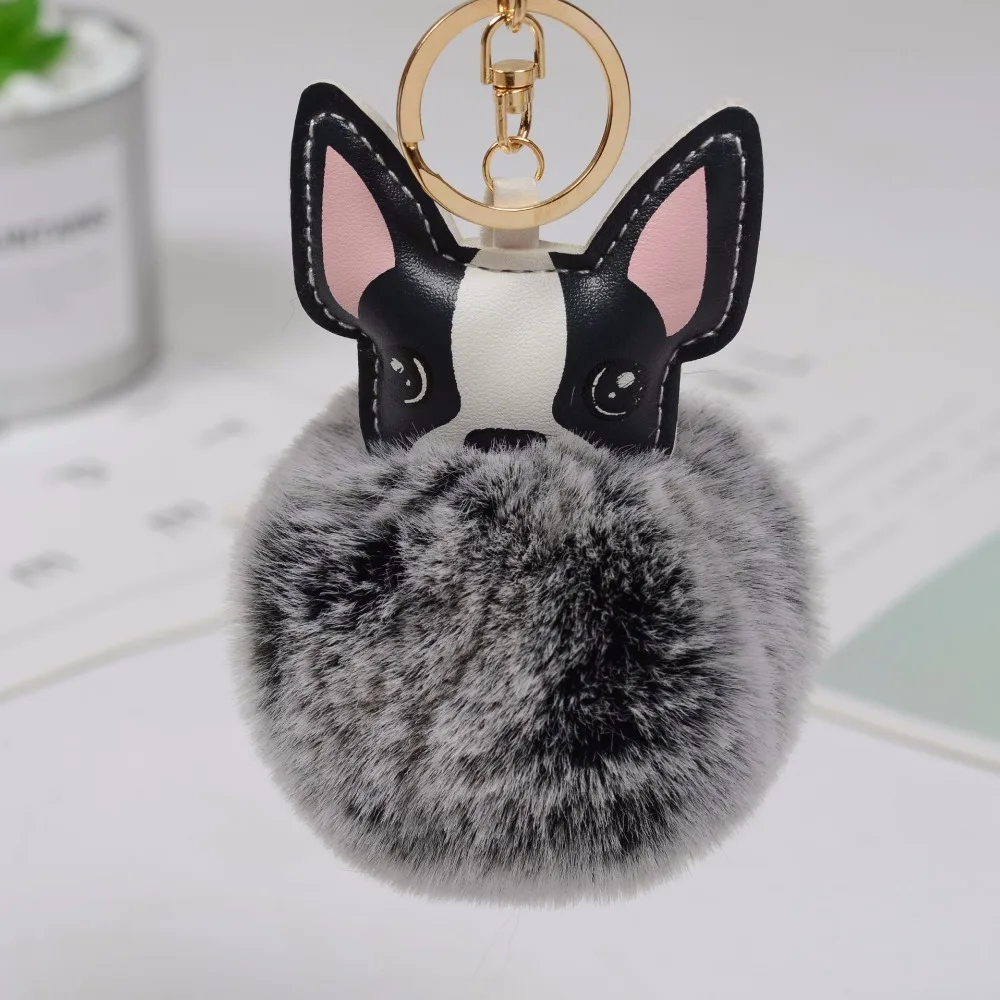 French Bulldog Keychain Fluffy Rabbit Fur Ball Pompom Key Chain Pu