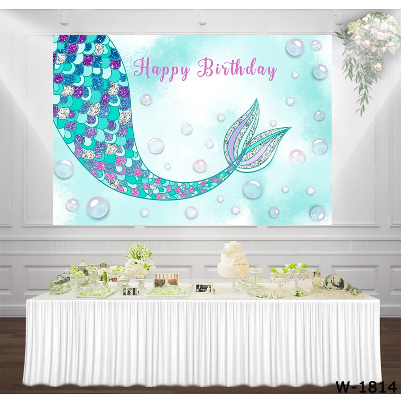 Mermaid Birthday Party girl princess Turquoise backdrop photocall under sea background Glam dessert table decoration photo booth