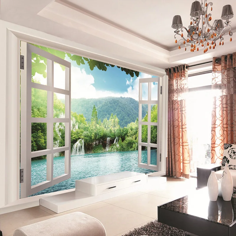 Пользовательские 3D Настенные обои окна 3D водопады вид леса художественная Фреска гостиная спальня прихожая детская комната фото обои