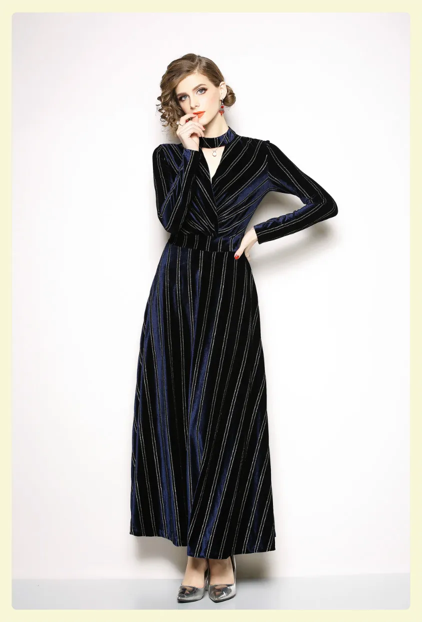 MUSENDA синий бархат v-образным вырезом тонкий длинное платье Достойный дамы темперамент платье Макси