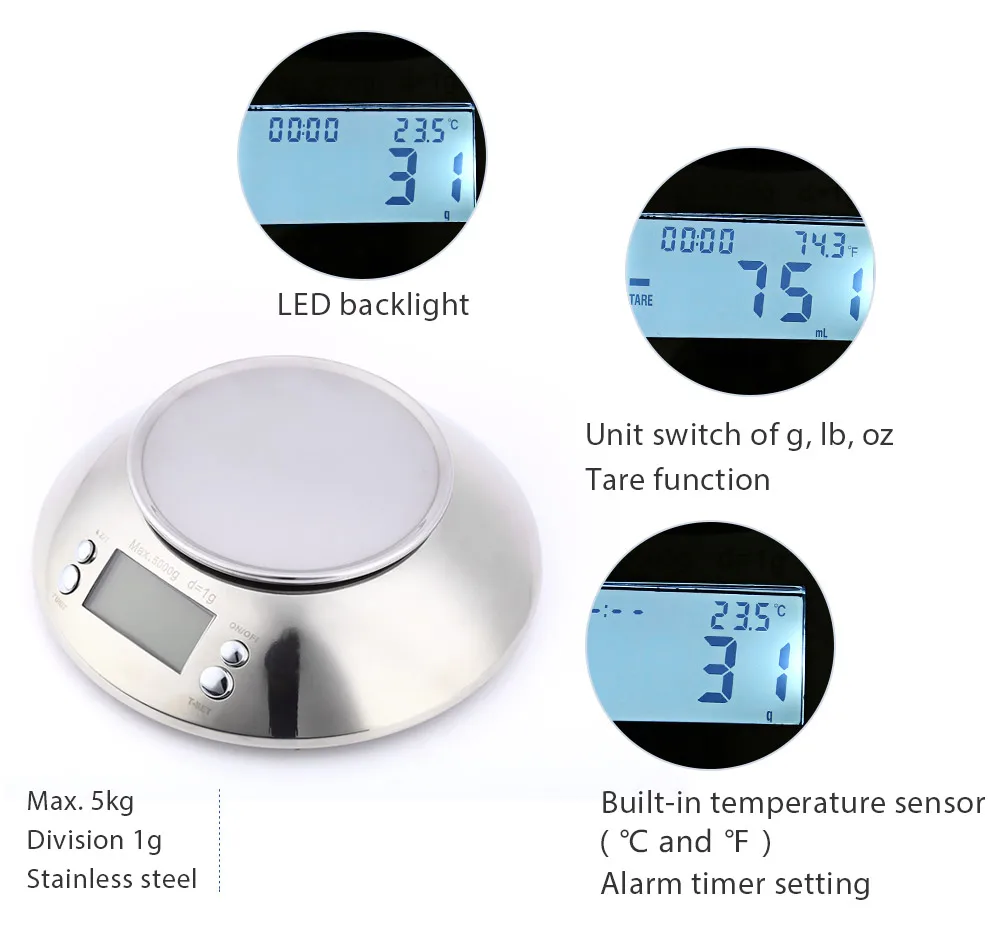 5kg 1g Stainless Digital Electronic Kitchen Scale with Alarm Timer Temperature Sensor