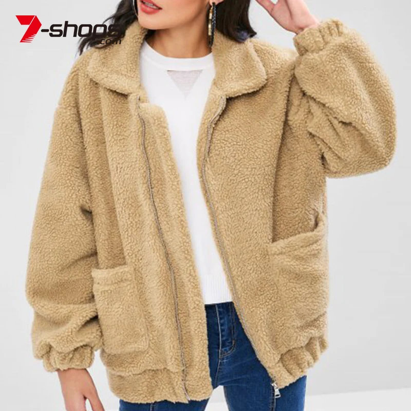 Koop Aecu Vrouwen Lange Mouwen Rits Pluche Jas Vrouwelijke Pocket Jas Winter Kleding Oversized Jas Uitloper Jas Voor Vrouwen
