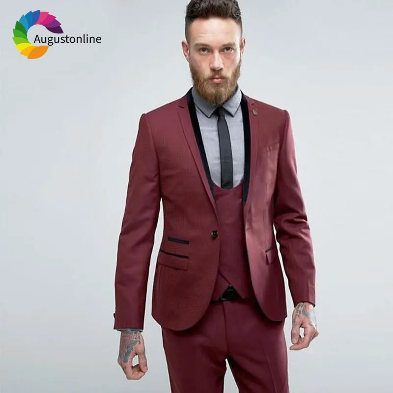 

Burgundy Men Suits 3Piece Jacket Pants Vest Black Lapel Wedding Suits for Best Man Blazers Slim Fit Groom Tuxedos Prom Wear