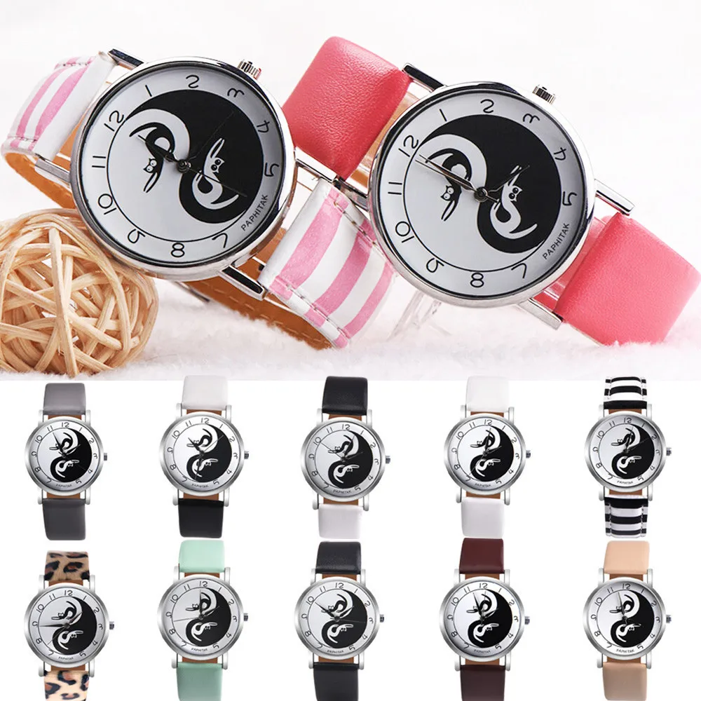 

Quartz-Watch Ladies Montre Femme Women Men Yin-Yang Cute Cat 12 Color Analog Quartz Dial Wrist Watch Bracelet Hour Clocks 2018
