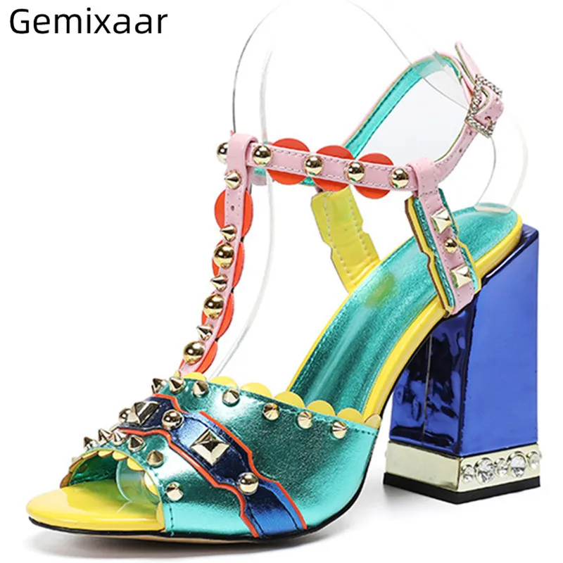 

Handmade Sandals Shoes Woman Peep Toe Decor Ruffles T-sharpe Ankle Buckle Shoes Mix Colors Chunky Square Heels Sandals Women 43