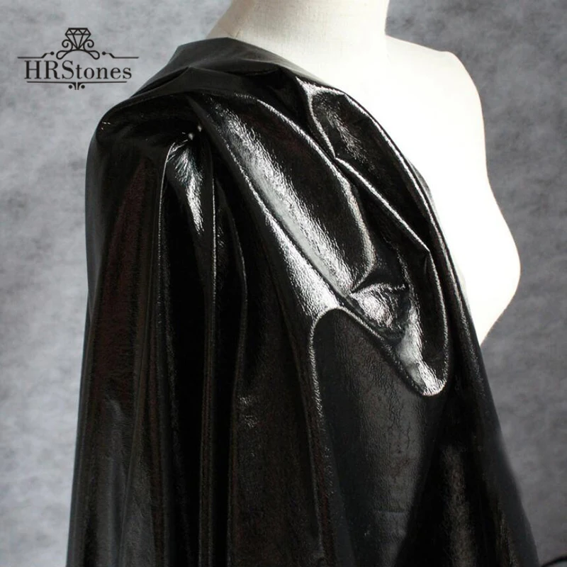 

New Black Texture Burst Crack PU Leather Fabric Pleated Shine Soft Leather Jacket Coat Designer Cloth Fabric