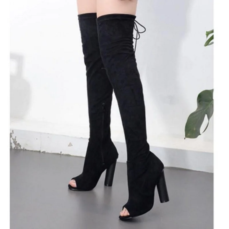 

MoBeiNi spring autumn flock autumn and winter new women's boots fish mouth suede stretch over the knee boots long boots