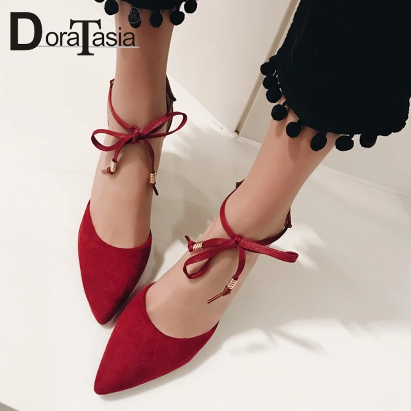 

DoraTasia 2019 New Plus Size 30-48 Sweet Sandals Women Covered Pointed Toe 8.5cm High Heels Bowtie Dating Sandals Woman