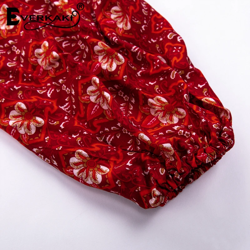Everkaki Red Boho Blouse Shirt Peplum Top Long Sleeve Floral Print Cotton V Neck 2018 Bohemian Blouses Women Tops And Blouses