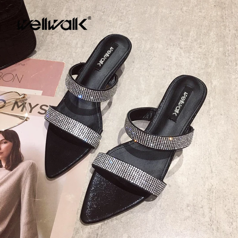 

Wellwalk/шлепанцы на тонком каблуке; Женские сандалии с ремешком со стразами; Женские летние шлепанцы без шнуровки; Женские шлепанцы для свадебной вечеринки с острым носком