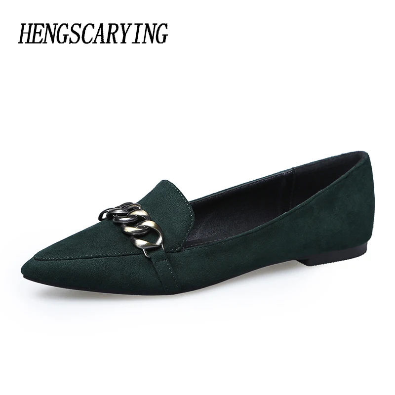 

HENSCARYING Brand 2018 New Arrival Fashion Women Flat Suede Green Black Ballet Flats Plus Size 41 Pointed Toe Casual Girls Shoes