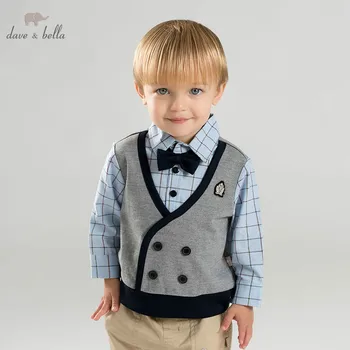 

DB9966 dave bella spring baby turndown collar fake two pieces shirt children high quality plaid tops boys England style shirt