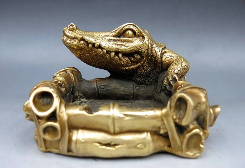 

Chinese Brass Copper fine Carved Bamboo alligator crocodile Brush Washers