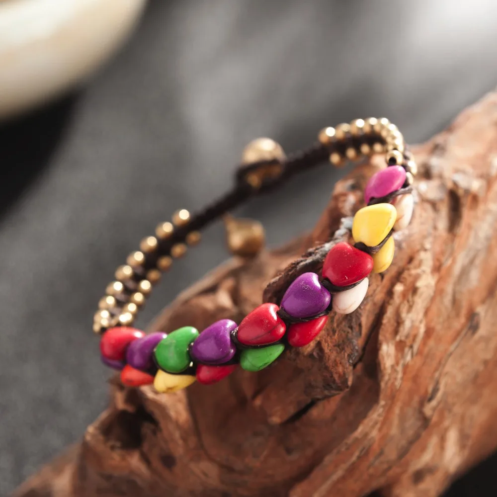 

AMOURJOUX Ethnic Two Layer Colorful Ceramic Heart Charm Bracelet Female Bohemia Black Sting Chain Bracelets For Women