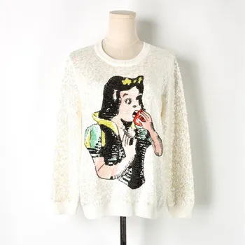 

Luxury Designer Brand Knitted Sweater for Women O Neck Sequined Cartoon Princess Eating Apple Knitted Pullovers Beige