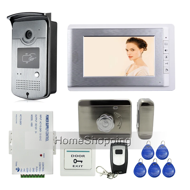 New 7 inch Color Video Door Phone Intercom Kit + 1 Monitor + 1 RFID Access Outdoor Camera + Mute Electronic Lock Free Shipping