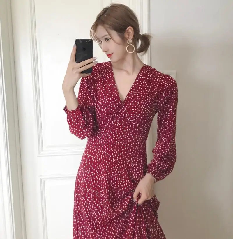 retro dress hot women slim waist A Line Elegant Temperament Lady Korean style vintage dot v neck vintage shirt dress high waist