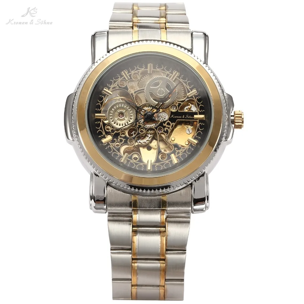

Luxury KS Royal Carving Skeleton Steampunk Automatic Mechanical Golden Stainless Full Steel Dress Business Men's Watch / KS138